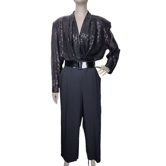 Vintage 80s Black High Shoulder Draped Deep V-Neck Sparkly Sequined Jumpsuit - Picture 3 of 10